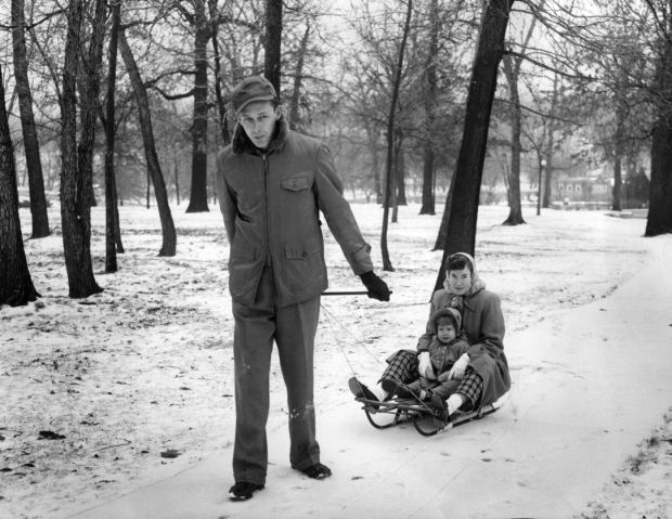 Sledding on Art Hill, 1954